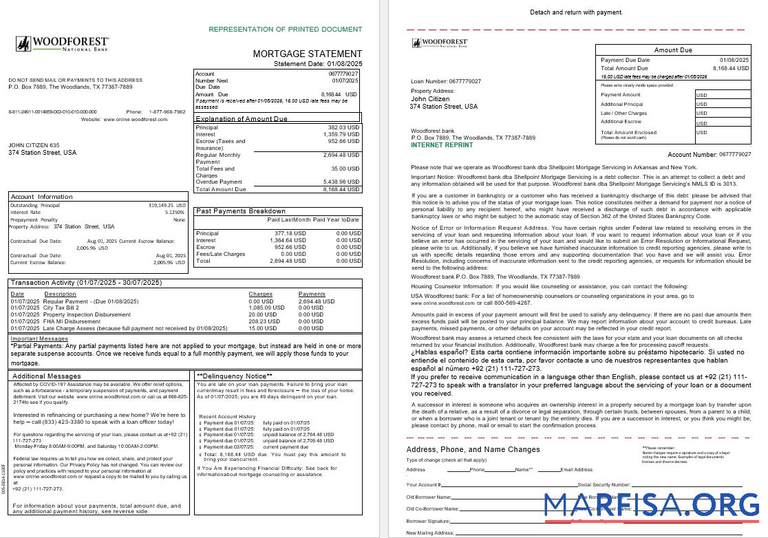Blank USA Woodforest bank mortgage statement in Word and PDF formats, 3 pages 1 2 sample